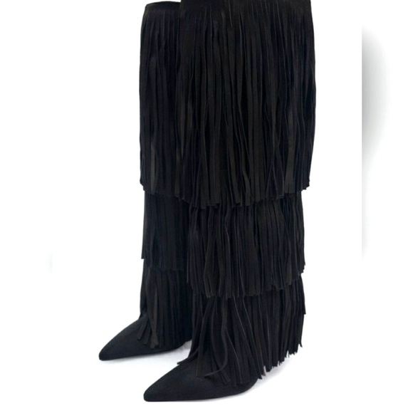 Zara Black Fringe Heeled Knee High Suede Boots Western Maximalism CoastalCowgirl - Picture 10 of 16